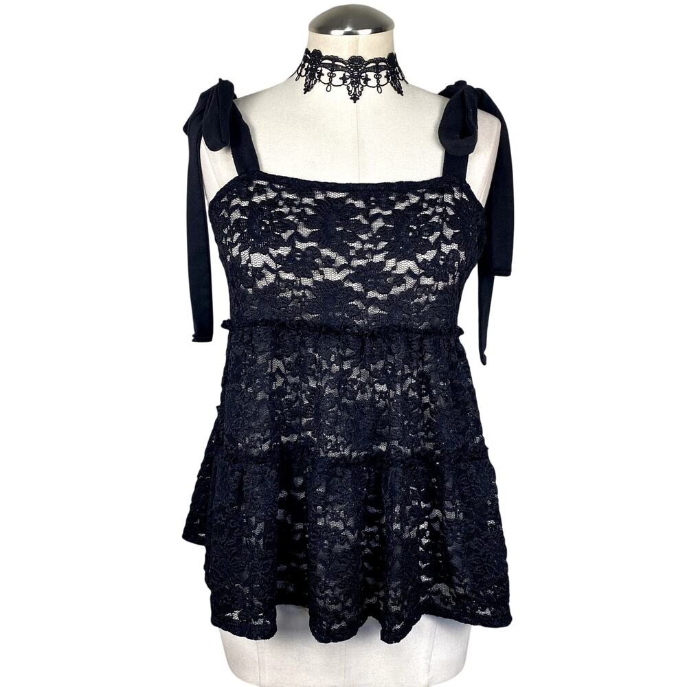 Black Sheer Floral Lace Babydoll Bow Lolita Dark Coquette Gothic Tiered Top Sz S